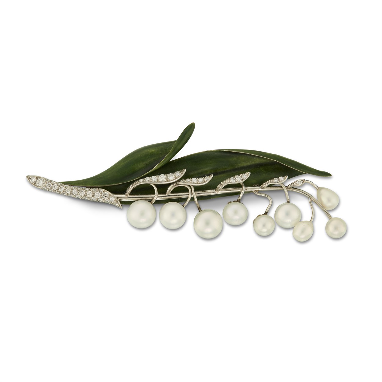 Lot 82 - A lily of the valley diamond, pearl and enamel pin