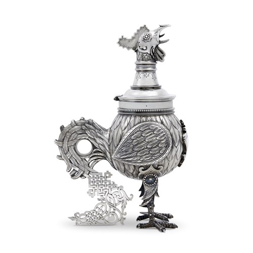 Lot 9 - A Russian silver and champlevé-enamel cockerel-form covered presentation cup