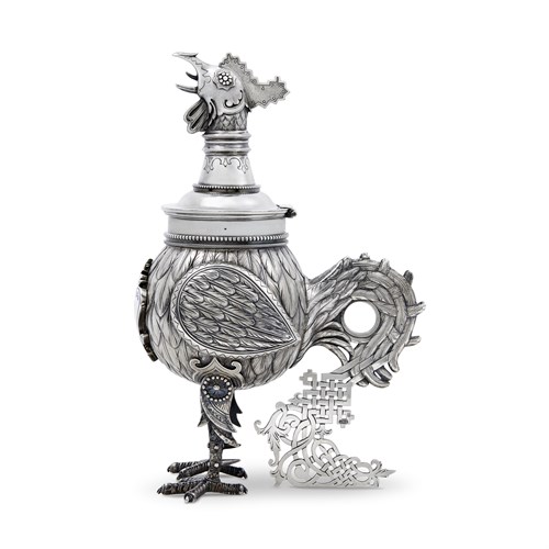 Lot 9 - A Russian silver and champlevé-enamel cockerel-form covered presentation cup