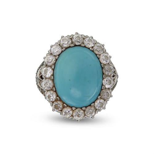 Lot 104 - A turquoise, diamond, platinum and eighteen karat gold ring, J.E. Caldwell & Co.