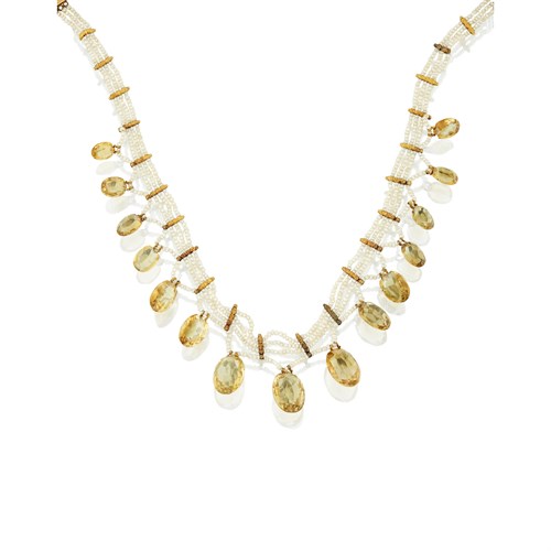 Lot 12 - A Belle Époque citrine bead, seed pearl and eighteen karat gold choker