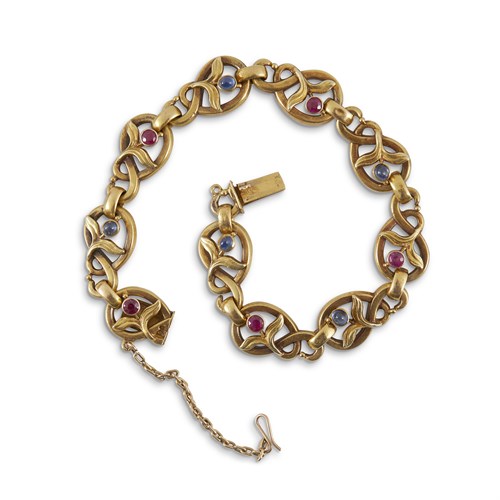 Lot 17 - A Russian art nouveau gold, pink and blue sapphire bracelet