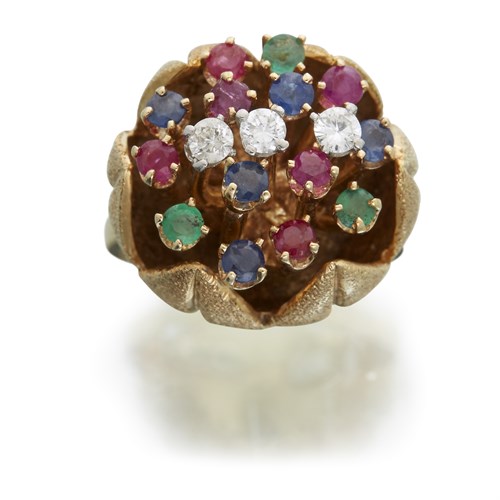 Lot 5 - A diamond, ruby, sapphire, emerald and fourteen karat gold ring