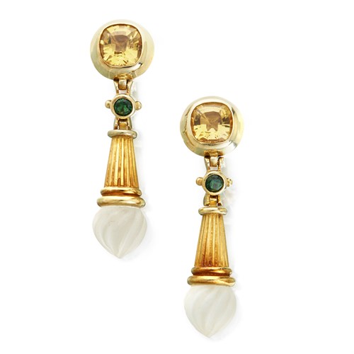 Lot 21 - A pair of eighteen karat gold rock crystal and gold pendant earrings
