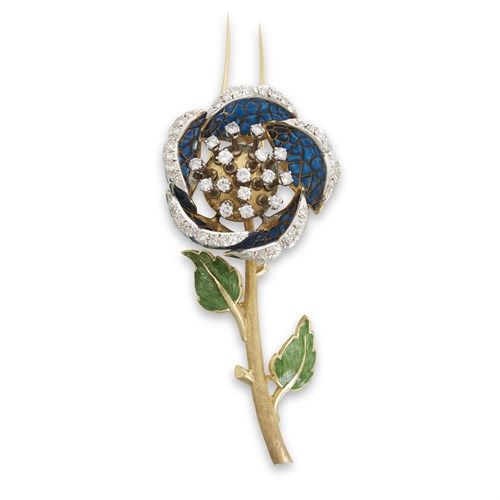 Lot 52 - A diamond, plique-a-jour enamel and eighteen karat gold flower brooch