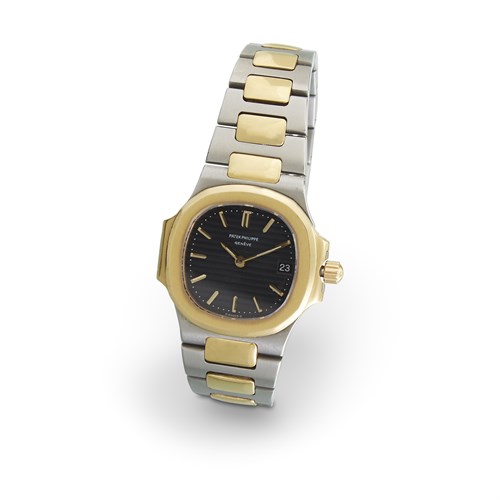 Lot 77 - A lady's stainless steel and gold bracelet watch, Patek Philippe