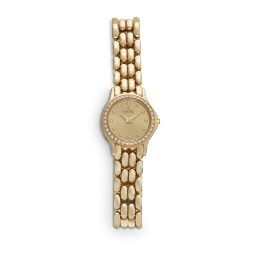 Lot 72 - A lady's fourteen karat gold and diamond bracelet watch, Concord