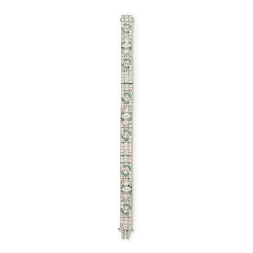 Lot 95 - Art Deco diamond, emerald, and platinum bracelet