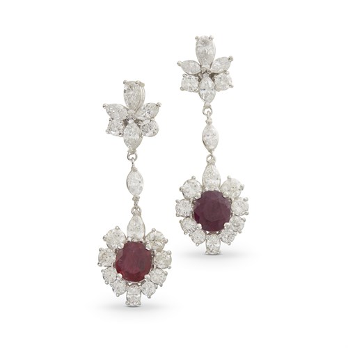 Lot 56 - A pair of ruby, diamond, and platinum earrings